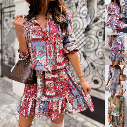 Fashion Casual Women Floral Paisley Printed Long-Sleeved Ruffled Dress