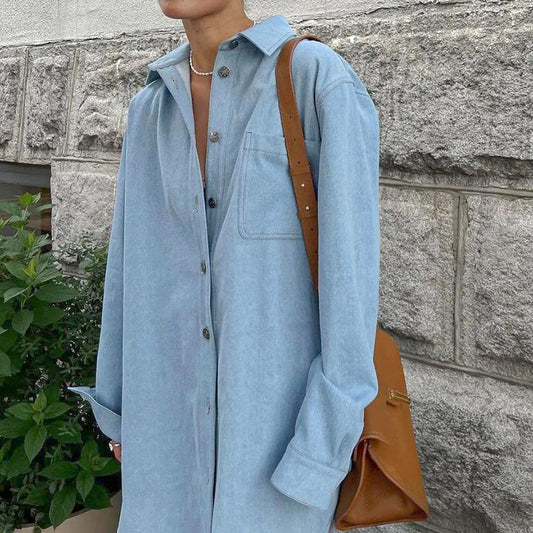 Camisa vaquera de imitación de manga larga con botones y solapa informal para mujer