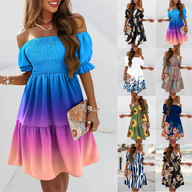 Vestido informal de manga corta con volantes y hombros descubiertos para mujer, estilo arcoíris