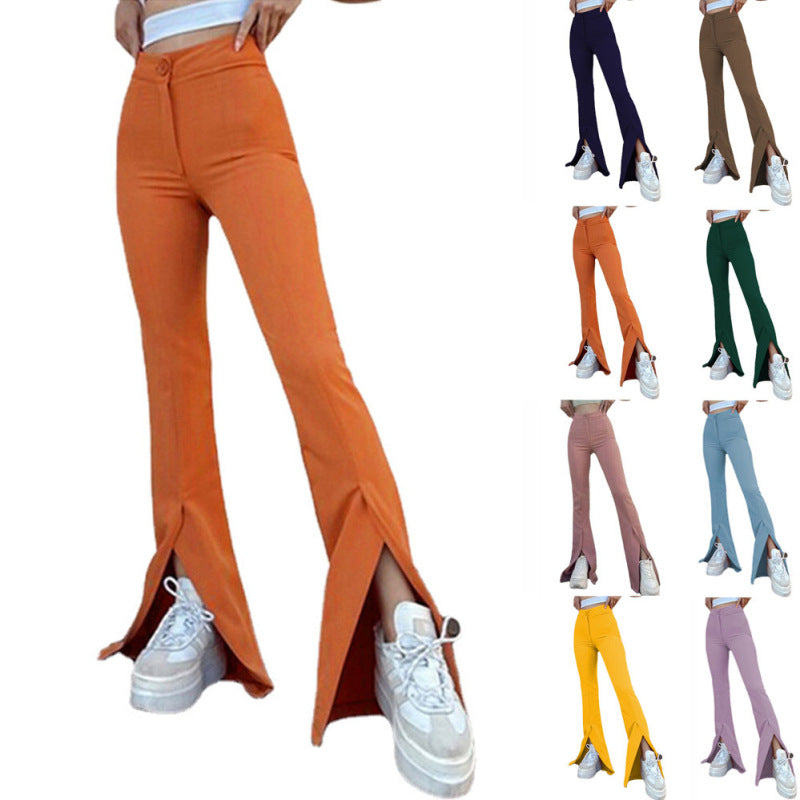 Women Solid Color Casual Flared Pants Slit High Waist Pants
