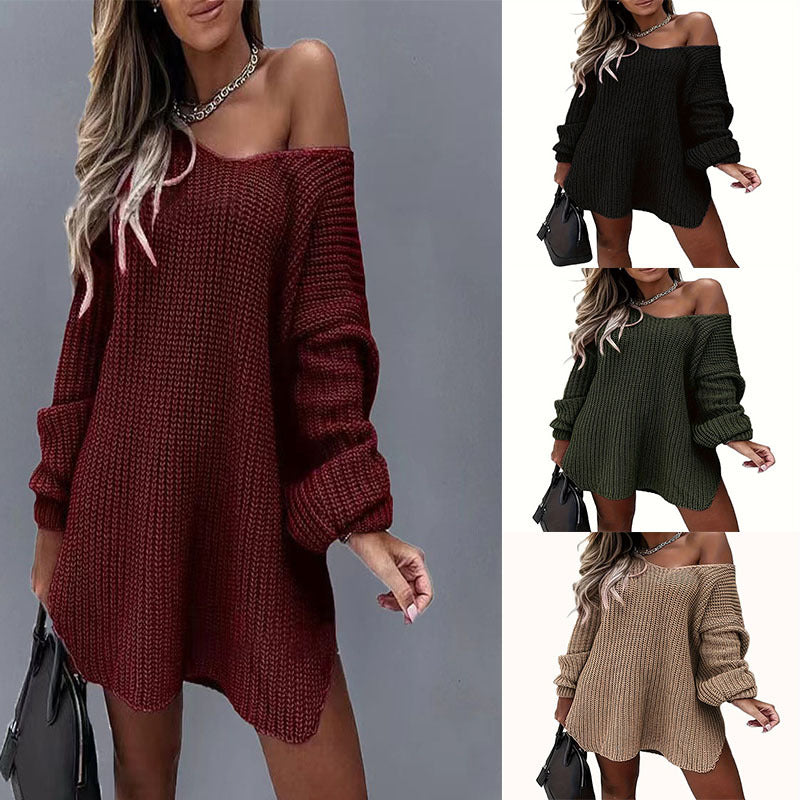 Autumn Winter Women Casual Loose Long-Sleeved Knitted Dress