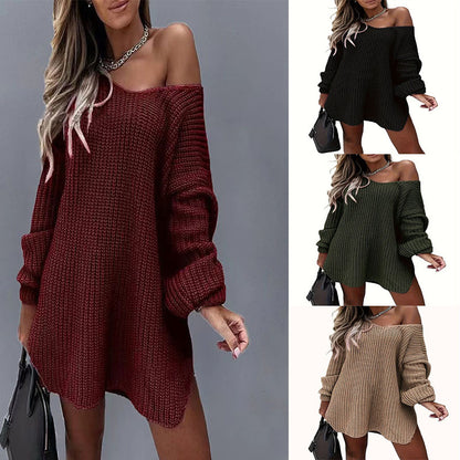 Autumn Winter Women Casual Loose Long-Sleeved Knitted Dress