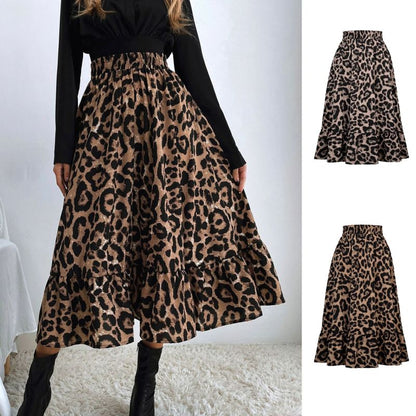Women Casual Elegant Leopard Print High Waist Swing Skirt