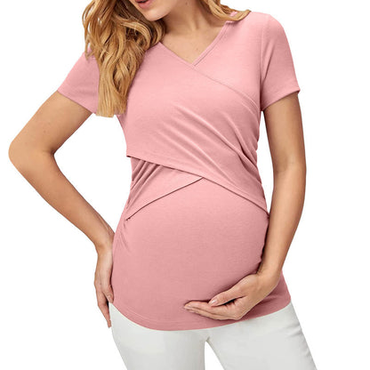 Summer Women Casual Solid Color V-Neck Cross Short Sleeve Top