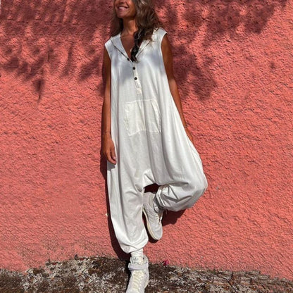 Women'S Fashion Solid Color Casual Hooded Single-Breasted Loose Jumpsuits