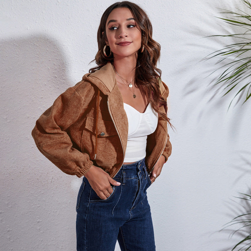 Women Autumn Casual Hoodie Corduroy Loose Long-sleeved Solid Color Crop Shacket