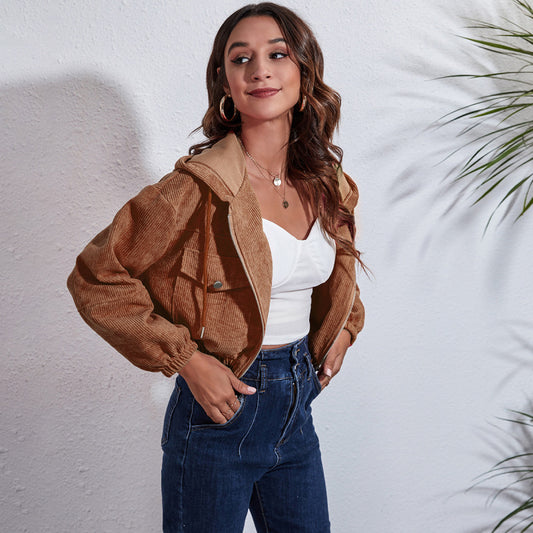 Sudadera con capucha informal de otoño para mujer, de pana, holgada, de manga larga, de color liso, corta