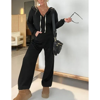 Women Fashion Casual Solid Color Long Sleeve Hoodie Jumpsuits