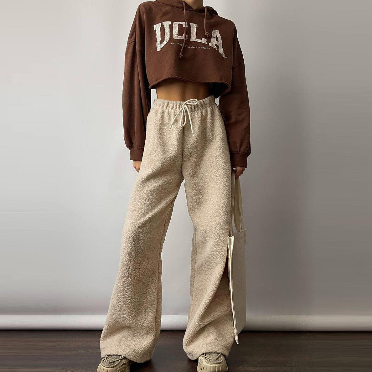 Autumn Winter Women Fashion Casual Lamb Wool Wide Leg Pants