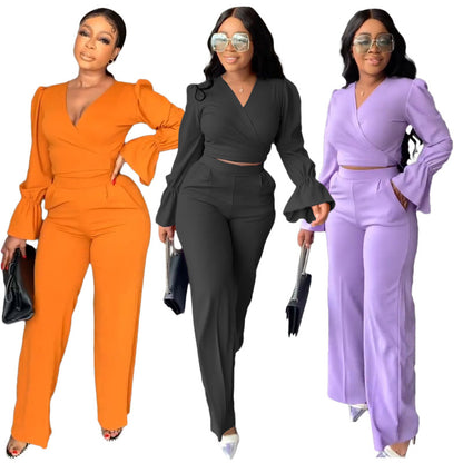 Conjunto informal de dos piezas para mujer, con cuello en V, manga larga y pantalones anchos, color liso