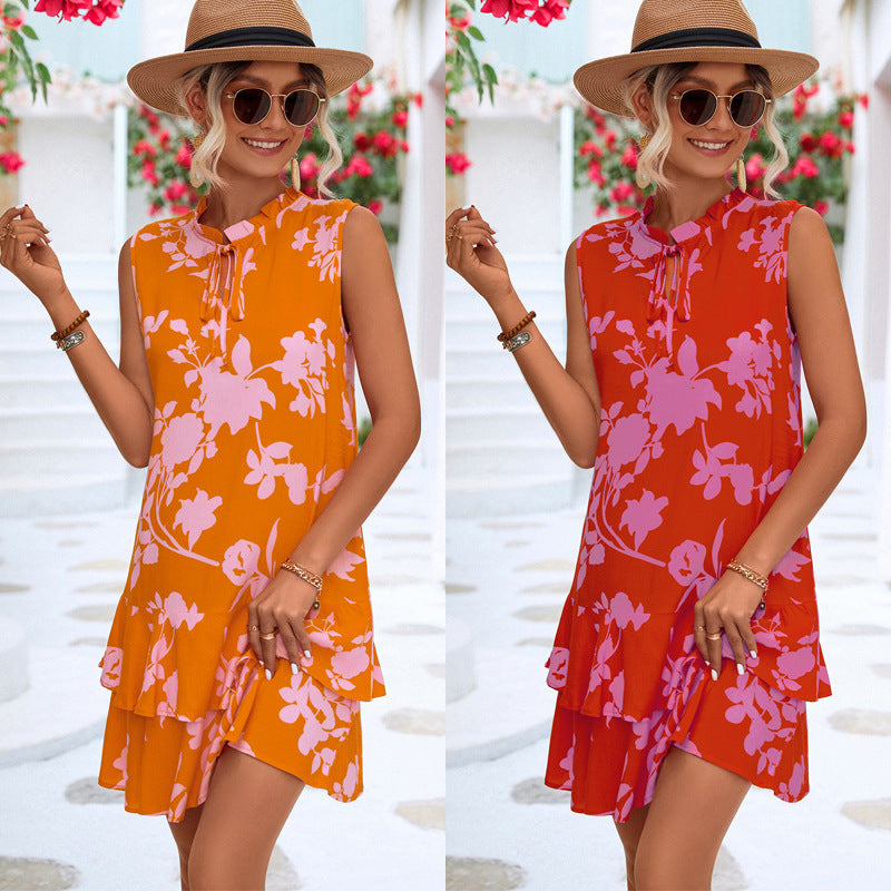 Vestido holgado sin mangas con volantes estilo bohemio informal para vacaciones de verano para mujer