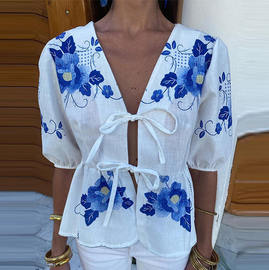 Camisa con cordones y estampado floral informal de moda de verano para mujer