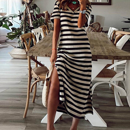Women Fashion Casual Black White Stripe Printed V-Neck Short Sleeve Side Slit Dress