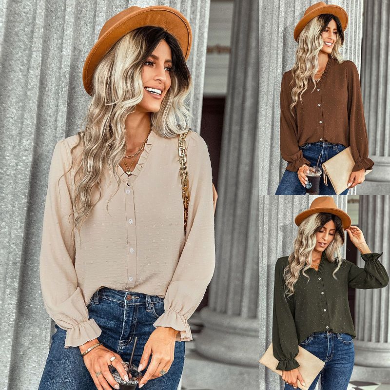 Blusa elegante informal con volantes y lunares, color liso, escote en V, para mujer