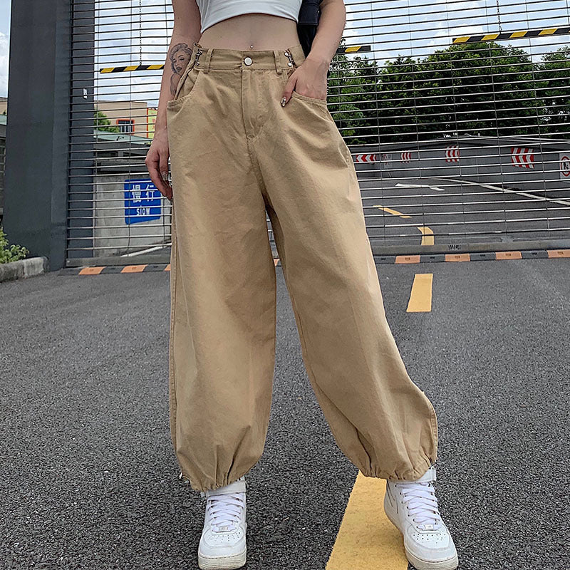 Women Khaki Strappy Overalls Loose Straight Casual Wide-Leg Jogger Pants