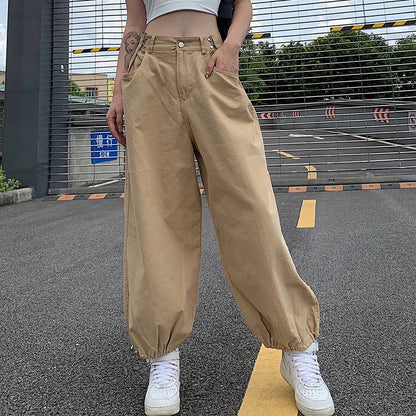 Women Khaki Strappy Overalls Loose Straight Casual Wide-Leg Jogger Pants