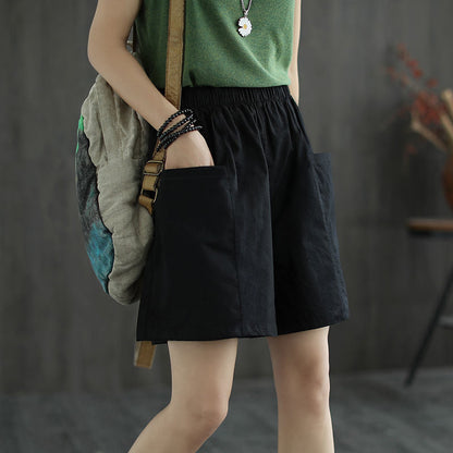 Women Casual Solid Color Wide-Leg Cotton Linen Cargo Shorts