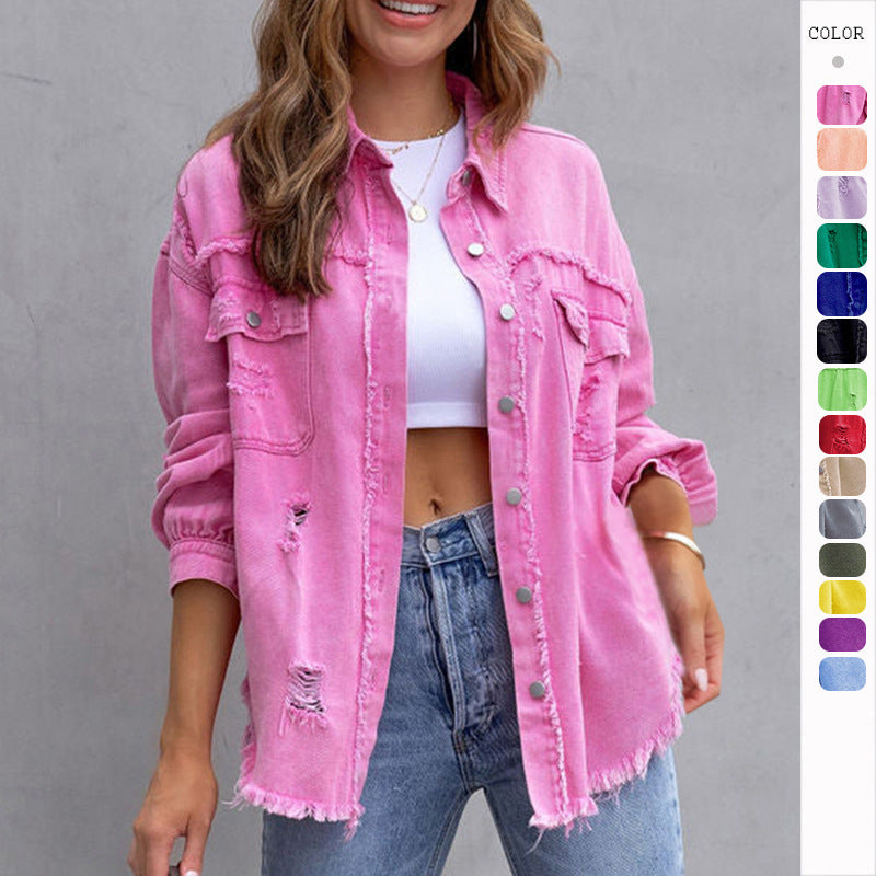 Abrigo vaquero rasgado con solapa informal a la moda para mujer