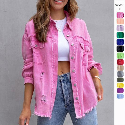Abrigo vaquero rasgado con solapa informal a la moda para mujer
