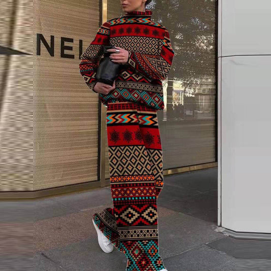 Women Fashion Casual Houndstooth Printing Sweater Pants Two-Piece Set