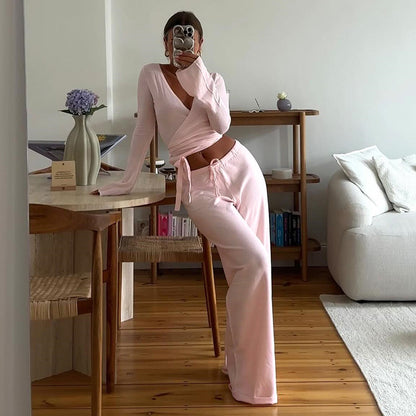 Conjunto de dos piezas de top informal con mangas abullonadas y pantalones holgados con forro polar para mujer