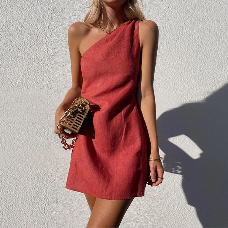 Women Casual Solid Color Slim-Fit One-Shoulder Dress