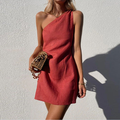 Women Casual Solid Color Slim-Fit One-Shoulder Dress
