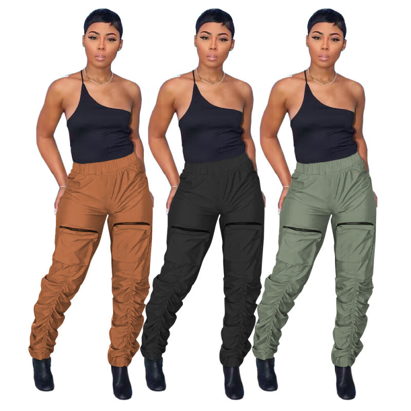 Women Fashion Street Casual Zipper Stereo Pocket Overalls Solid Pants