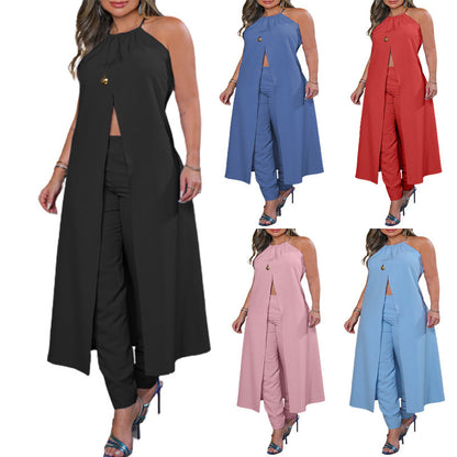Conjunto de top y pantalón con abertura y espalda descubierta de color liso informal a la moda para mujer