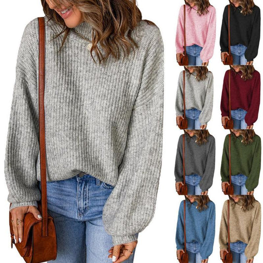 Women Winter Solid Color Lantern Sleeve Turtleneck Knitted Loose Casual Sweater