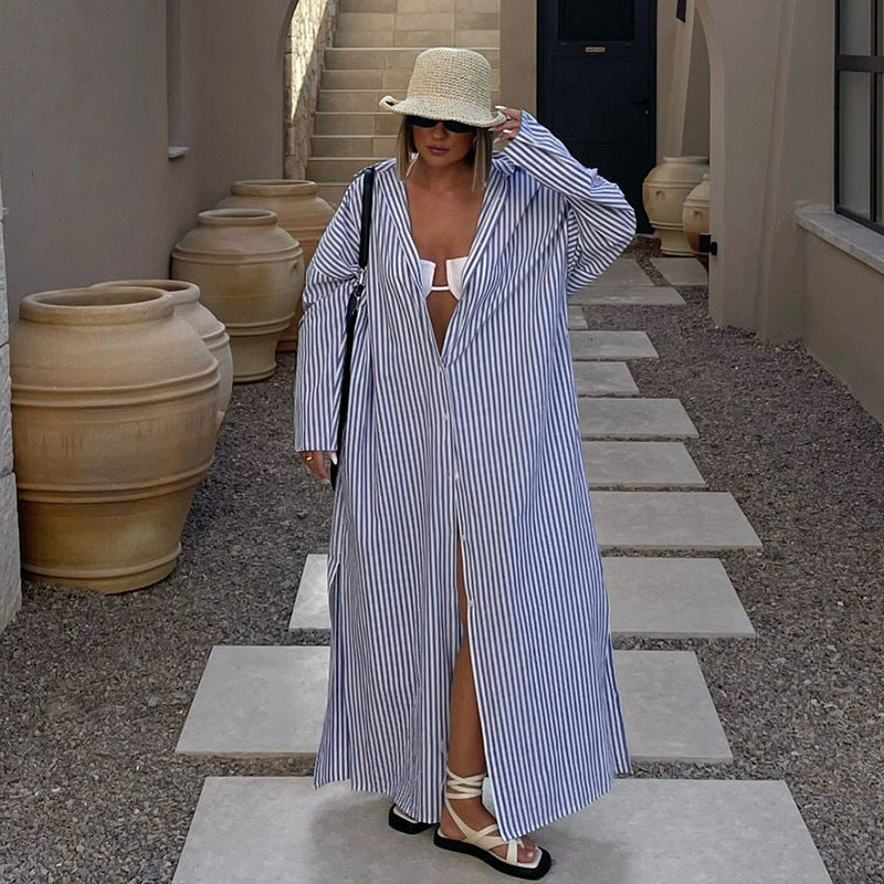 Camisa informal de manga larga con solapa y rayas para mujer, con un solo pecho