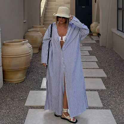 Camisa informal de manga larga con solapa y rayas para mujer, con un solo pecho