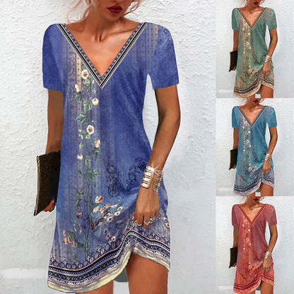 Women'S Retro Print Casual V-Neck Short Sleeve Dress