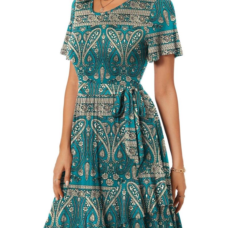 Women'S Casual Round Neck Printed Short Sleeve Dress