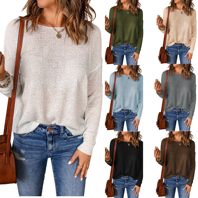 Women Casual Solid Color Round Neck Long Sleeve Knitted Sweater