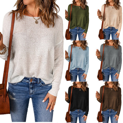 Women Casual Solid Color Round Neck Long Sleeve Knitted Sweater