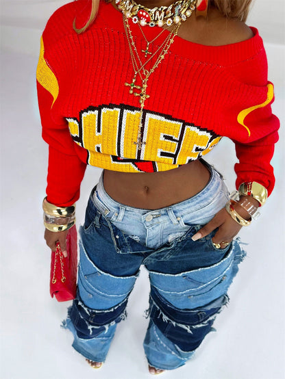Autumn Winter Casual Street Fashion Letter Color Contrast Fashion Knitted Crop Sweater