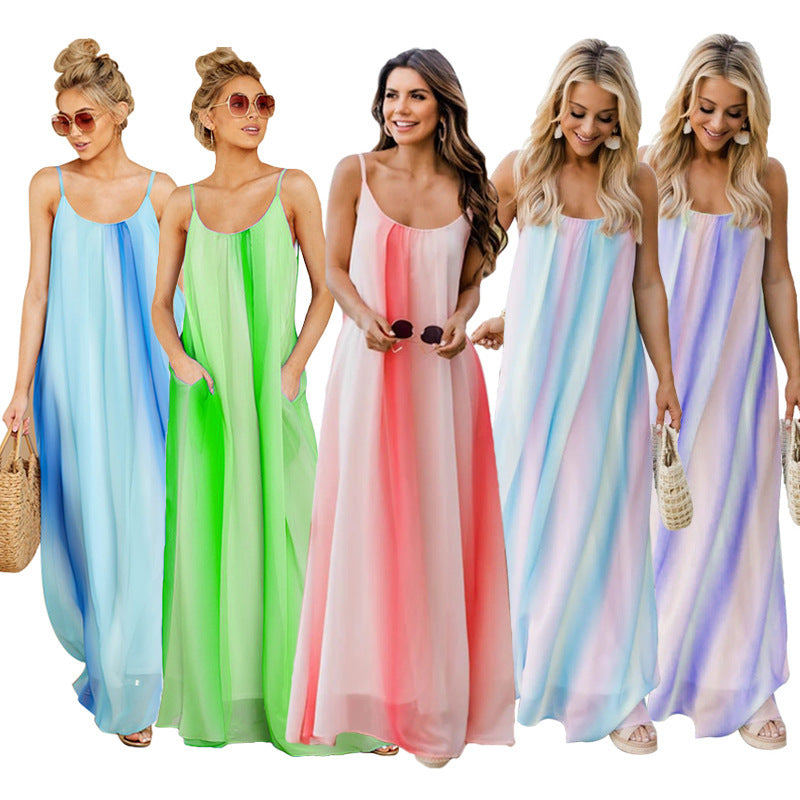 Women Fashion Casual Vacation Beach Gradient Chiffon Strap Dress