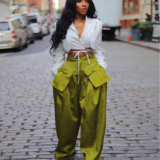 Women Spring Fashion Solid Colid Casual Street Detachable Pocket Wide Leg Cargo Pants