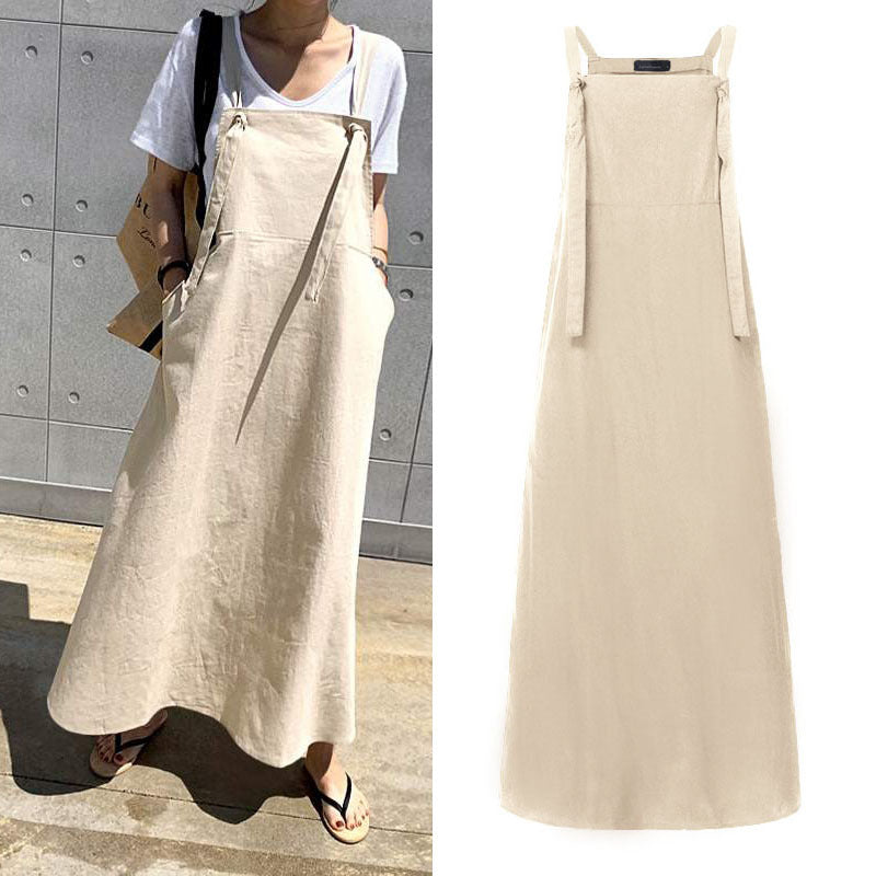 Women Simple Casual Loose Solid Color Large Swing Strap Dress