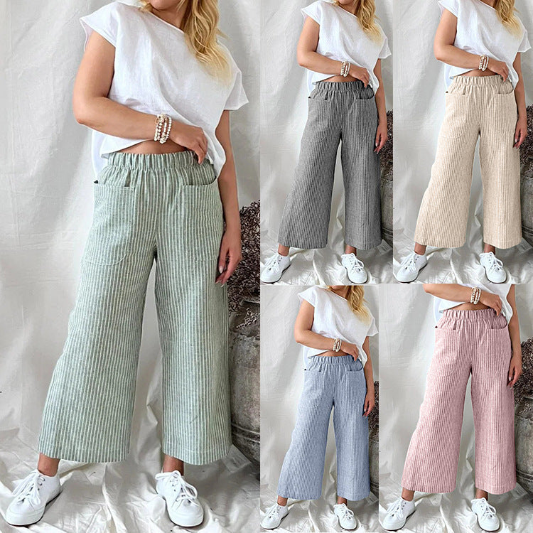 Women'S Fashion Casual Cotton Linen Stripe Loose Wide Leg Pants