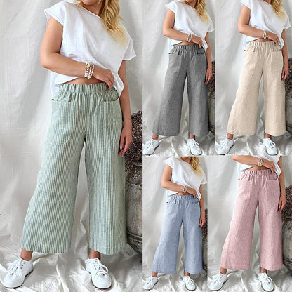 Women'S Fashion Casual Cotton Linen Stripe Loose Wide Leg Pants