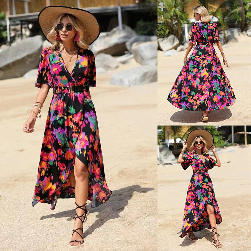 Vestido largo de verano para mujer, informal, para vacaciones, playa, manga corta, cuello en V, estampado floral