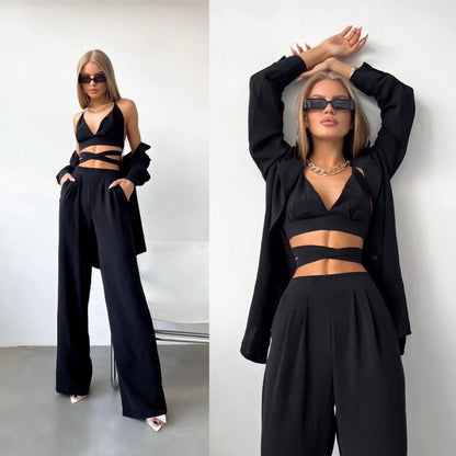 Conjunto de tres piezas formado por camisola y pantalón, informal, a la moda, para mujer