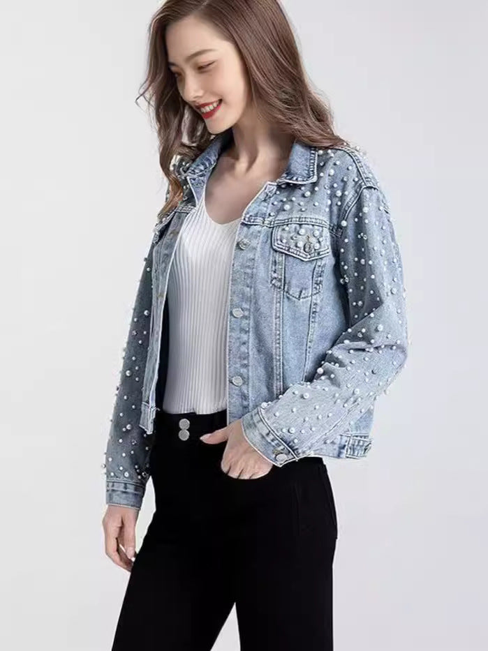 Chaqueta vaquera informal de manga larga con solapa y perlas y diamantes de imitación para mujer