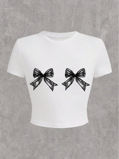 Women Fashion Casual Printed Round Neck Short Sleeve Tight Crop Top