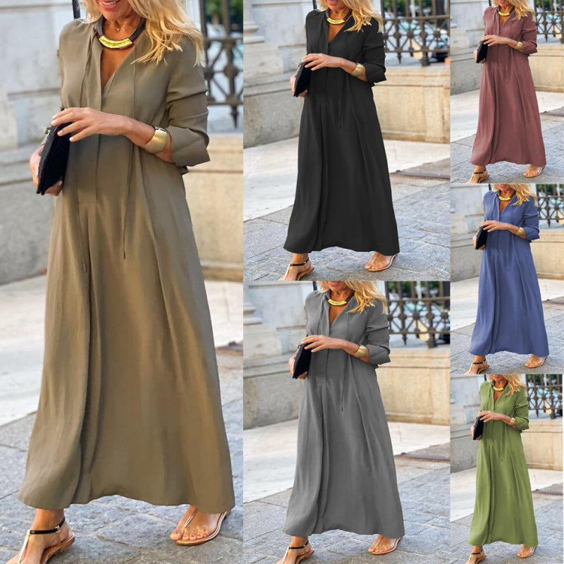Women Solid Color Lapel Long Sleeve Loose Casual Long Dress