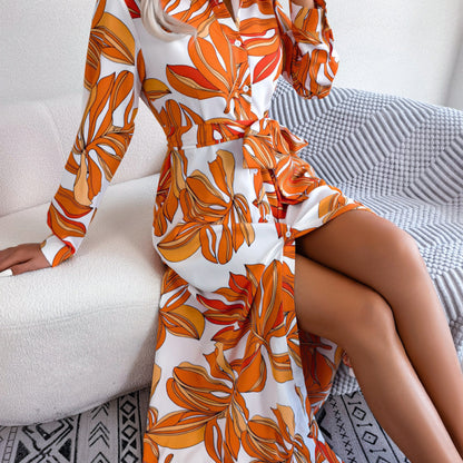 Vestido informal de manga larga con cordones y estampado floral para mujer