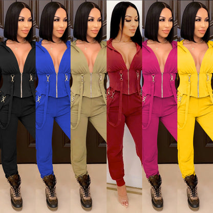 Conjunto informal de dos piezas con top y pantalones cortos con capucha y cremallera para mujer