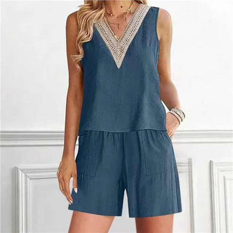 Conjunto informal de 2 piezas de top y pantalones cortos sin mangas con cuello en V de lino y algodón para mujer
